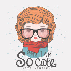 Cute girl face with knitted scarf, glasses. Winter time. I am So Cute. Love Yourself. Vector illustration design for t shirt graphics, fashion prints, slogan tees and other uses