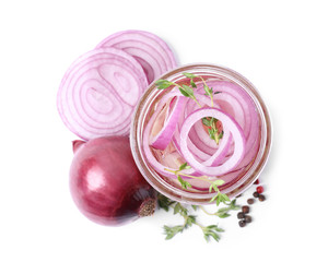Obraz premium Jar of pickled onions on white background, top view