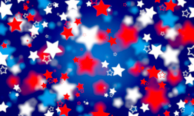 Bright bokeh background, blue, red, white, cyan, stars, many bokeh stars, blurred, American flag colors, holiday