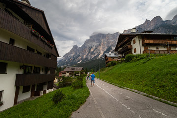 Cozy Alpine Buildings in Dolomite Alps mountains in Italy. Cordtina de Ampezzo, Italy