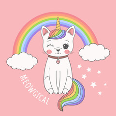Cute unicorn cat with rainbow, clouds. Meowgical slogan. Cartoon vector illustration