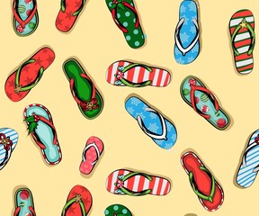 Christmas greeting card with beach Slippers in Christmas new year decor, celebrate Christmas on the beach, Wish you a merry Christmas on the beach,