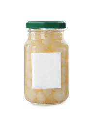 Jar of pickled onions with blank label on white background