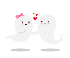 Two cute little love ghosts are with smile, holding hands.