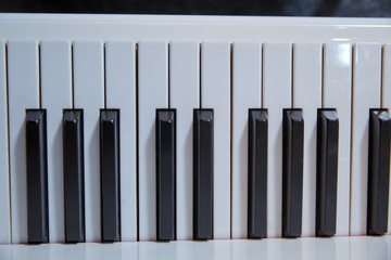 grand piano keyboard with glossy black and white keys as a music background in wide panoramic banner format, selected focus, narrow depth of field