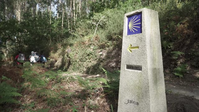 Way of St. James sign and pilgrims walking on a forest footpath. Yellow scallop sign pilgrimage to Santiago de Compostela