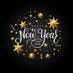 Happy New Year 2020 Gold Star Black Vector Illustration