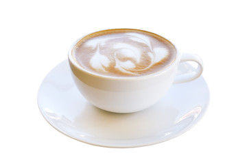 Hot coffee latte cappuccino in white cup with latte art milk foam isolated on white background, clipping path included.
