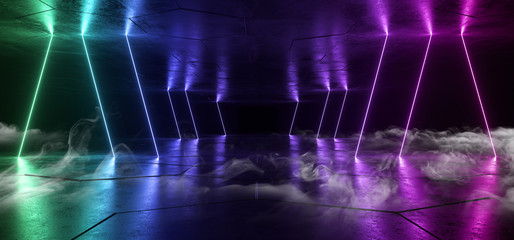 Smoke Sci Fi Neon Glowing Lights Blue Green Purple Laser Lines Cables Plugs Floor Lasers Studio Stage Show Night Retro Futuristic Modern Background Empty Concrete Grunge Virtual Dark 3D Rendering