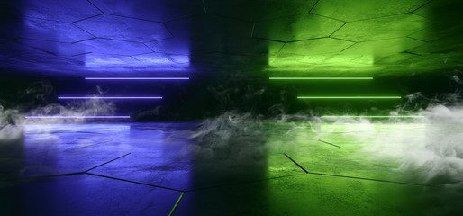 Smoke Sci Fi Neon Glowing Lights Green Blue Background Laser Gate Lines Floor Lasers Studio Stage Show Night Retro Futuristic Modern Empty Concrete Grunge Virtual Dark 3D Rendering