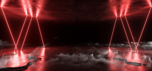 Smoke Sci Fi Neon Glowing Lights Red Laser Lines Cables Plugs Floor Lasers Studio Stage Show Night Retro Futuristic Modern Background Empty Concrete Grunge Virtual Dark 3D Rendering