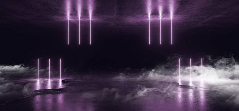 Smoke Sci Fi Neon Glowing Lights Purple Pink Violet Background Laser Gate Lines Floor Lasers Stage Show Night Retro Futuristic Modern Empty Concrete Grunge Virtual Dark 3D Rendering © IM_VISUALS