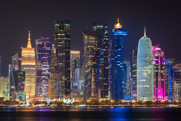 Doha city at night, Qatar, Middle East.