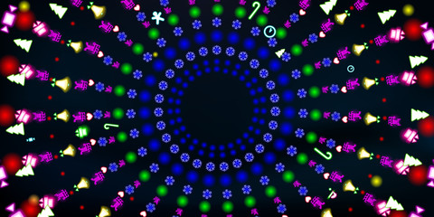 Multi-colored round neon shining, Christmas and New Year background. Colorful abstract glowing on black background fluorescent symbols. Disco night luminescent illumination illustration vector tunnel