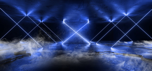 Smoke Sci Fi Neon Glowing Lights Blue Laser Lines Cables Plugs Floor Lasers Studio Stage Show Night Retro Futuristic Modern Background Empty Concrete Grunge Virtual Dark 3D Rendering