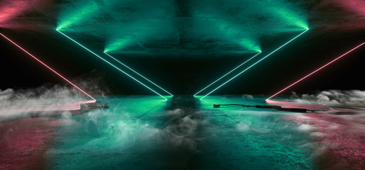 Smoke Sci Fi Neon Glowing Lights Blue Red Laser Lines Cables Plugs Floor Lasers Studio Stage Show Night Retro Futuristic Modern Background Empty Concrete Grunge Virtual Dark 3D Rendering