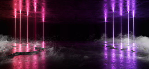 Smoke Sci Fi Neon Glowing Lights Purple Red Laser Lines Cables Plugs Floor Lasers Studio Stage Show Night Retro Futuristic Modern Background Empty Concrete Grunge Virtual Dark 3D Rendering