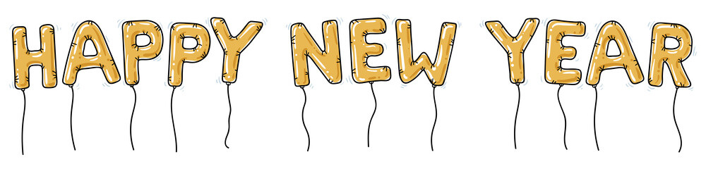 HAPPY NEW YEAR, golden cartoon balloon letters