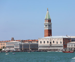 Fototapeta na wymiar Bell tower of Saint Mark in Venice and the Ducal Palace seen fro