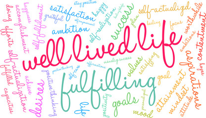 Well Lived Life Word Cloud on a white background. 