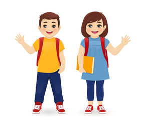 Fototapeta premium Smiling school boy and girl with backpack waving hand isolated vector illustration
