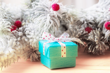 Gift box tied up in ribbon with heart shaped spots over frosty branches