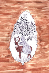 Forest inhabitant with a deer in the thicket of trees under the moon. Illustration in a frame in the form of a sheet on a brown background. Watercolor hand drawn illustration