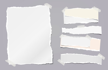 Torn white note, notebook paper strips stuck with sticky tape on dark grey background. Vector illustration - obrazy, fototapety, plakaty