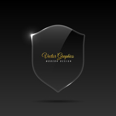 Glass transparent banner in the shape of a shield with reflection and glare of light. Vector eps 10.