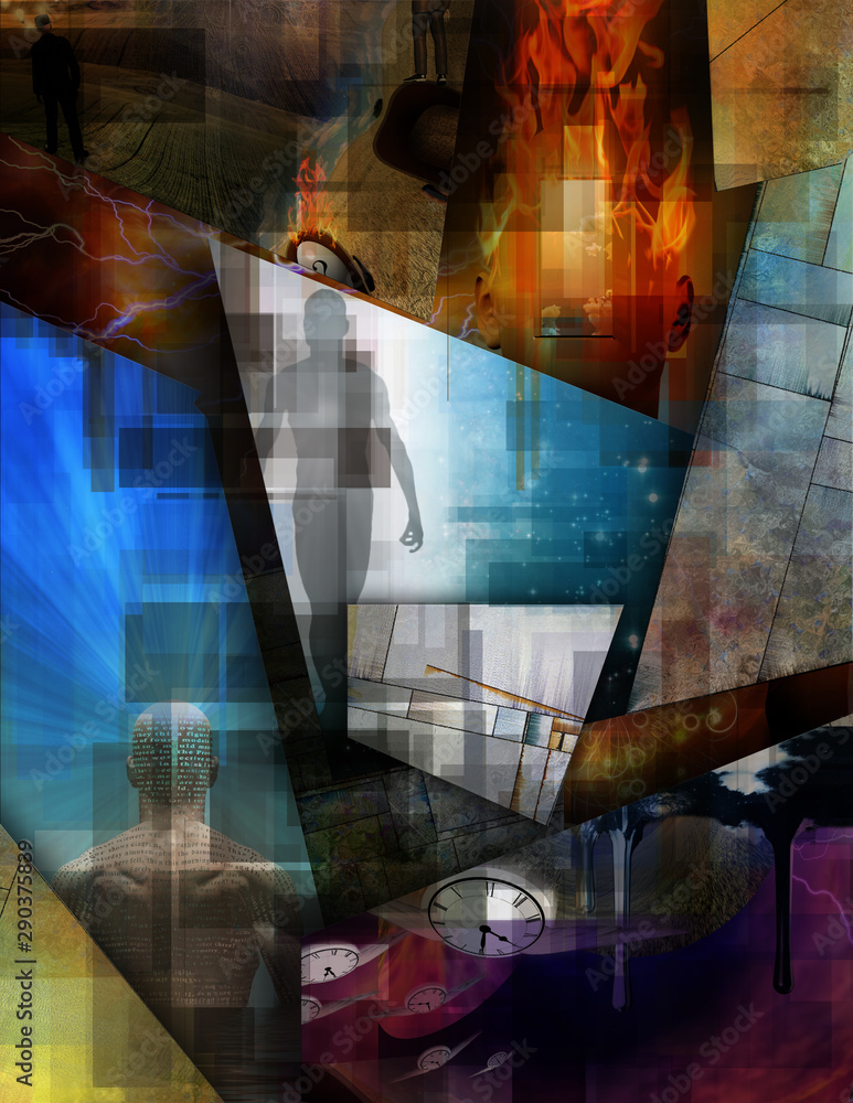Poster multi layered abstract composition. fragments of thoughts. 3d rendering