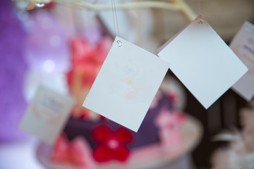 Naklejka na ściany i meble Blank card hanging on string with peg . A sheet of paper on a rope with clothespins on a blurred background .white note . White envelope and beige card hanging on string isolated on blure background .
