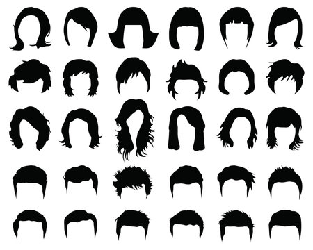 Black silhouettes of female and male hairstyles on a white background
