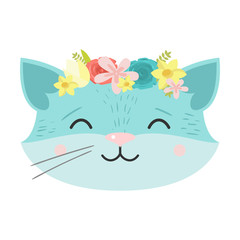 Cute cat in a wreath of flowers. Raster illustration in flat cartoon style.