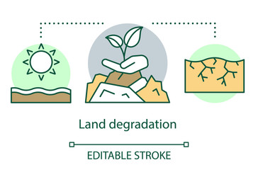 Land degradation concept icon. Soil erosion. Arid region. Dry hot climate. Zone of extreme agriculture. Desertification idea thin line illustration. Vector isolated outline drawing. Editable stroke