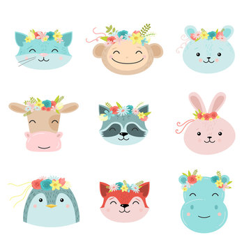 Set of cute animals with floral wreath. Raster illustration in flat cartoon style