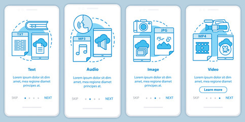 Digital library content onboarding mobile app page screen with linear concepts. Audio, image, video media types 4 walkthrough steps graphic instructions. UX, UI, GUI vector template with illustrations