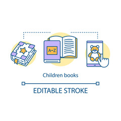 Children books concept icon. Kids literature idea thin line illustration. Fairy tales, storybooks with pictures. Preschool educational exercises. Vector isolated outline drawing. Editable stroke