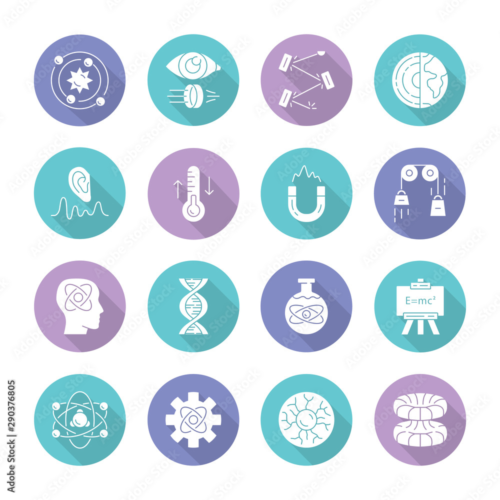 Poster physics branches flat design long shadow glyph icons set. physical processes and phenomenons. classi