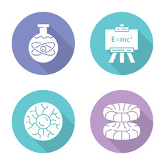 Physics branches flat design long shadow glyph icons set. Chemical, modern, plasma and quantum physics. Quantum mechanics, physicochemical phenomena learning disciplines Vector silhouette illustration