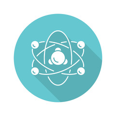 Nuclear physics turquoise flat design long shadow glyph icon. Atomic structure model. Electrons, neutrons and protons. Subatomic molecular particles. Atom core elements. Vector silhouette illustration