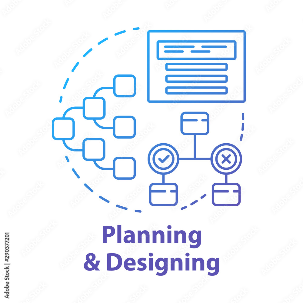 Poster planning and designing concept icon. system operation algorithm idea thin line illustration. work st