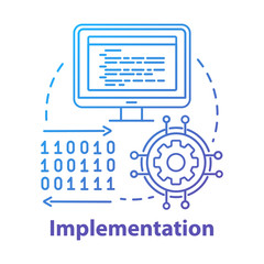 Implementation concept icon. Software coding. Computer programming and deployment idea thin line illustration. Information technology. Vector isolated outline drawing