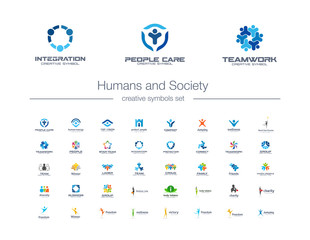 Humans group, Society creative symbols set. People protect, teamwork, collaboration abstract business logo concept. Family, friend, leader icons. Corporate identity logotypes, company graphic design
