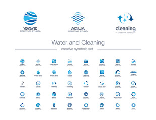 Water drops, waves and Cleaning creative symbols set. Pure aqua, bio drink abstract business logo concept. Easy wash, refresh, sea, ocean icons. Corporate identity logotypes, company graphic design - 290377279