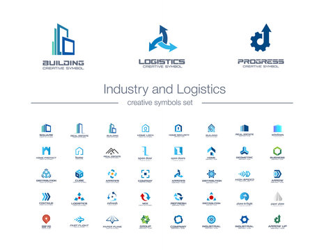 Industry and Logistics creative symbols set. Construction, transportation, engineering abstract business logo concept. Building, house icons. Corporate identity logotypes, company graphic design
