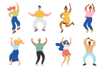 Flat vector cliparts of female and male dancing characters having fun. Collection of happy people illustrations moving, isolated on white background. modern cartoon style.