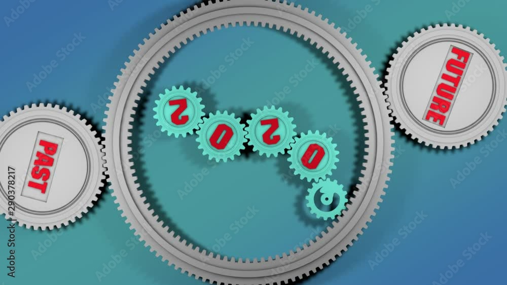 Poster 3d animation of a set of gears on a blue background with the date 2020 new year.