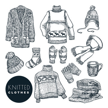 Knitted winter and autumn clothes. Vector sketch illustration. Fall handmade fashion wool clothing and accessories.