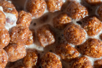Chocolate cereal balls in milk as food background