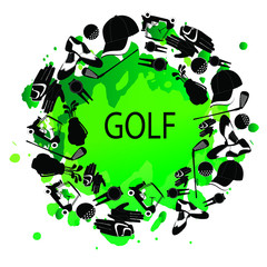 Vector illustration of Golf. Lettering. This illustration is for printing: postcard, poster, business card. For recreation, sports. Sports goods.
